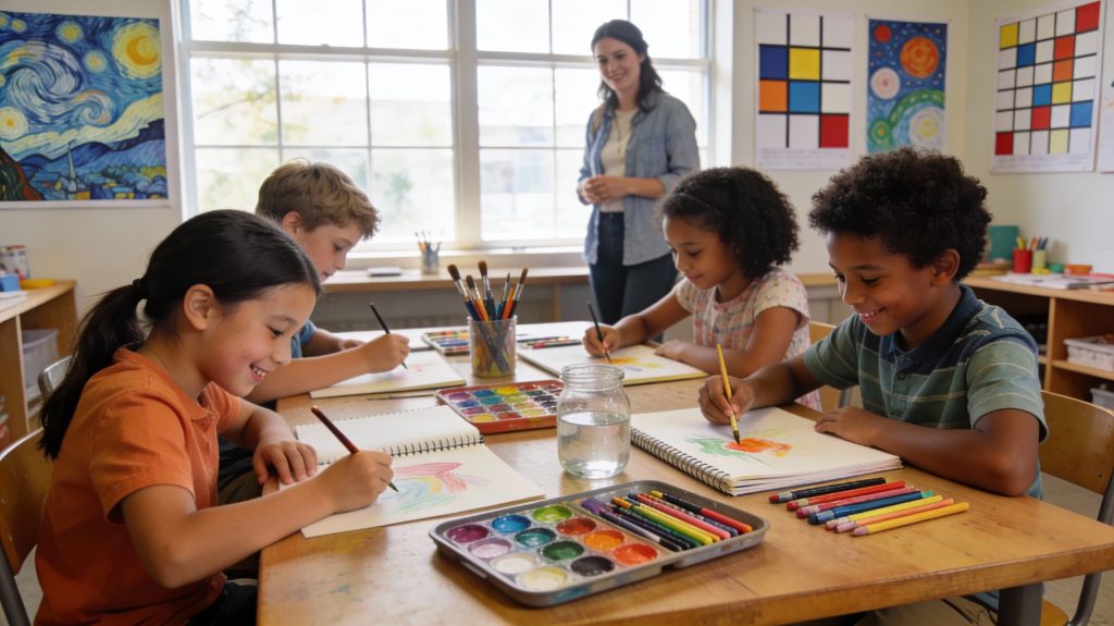Bright, engaging classroom scene with elementary children painting bold colors and geometric shapes inspired by Van Gogh, Mondrian, and Cezanne; art supplies on tables, warm natural light.