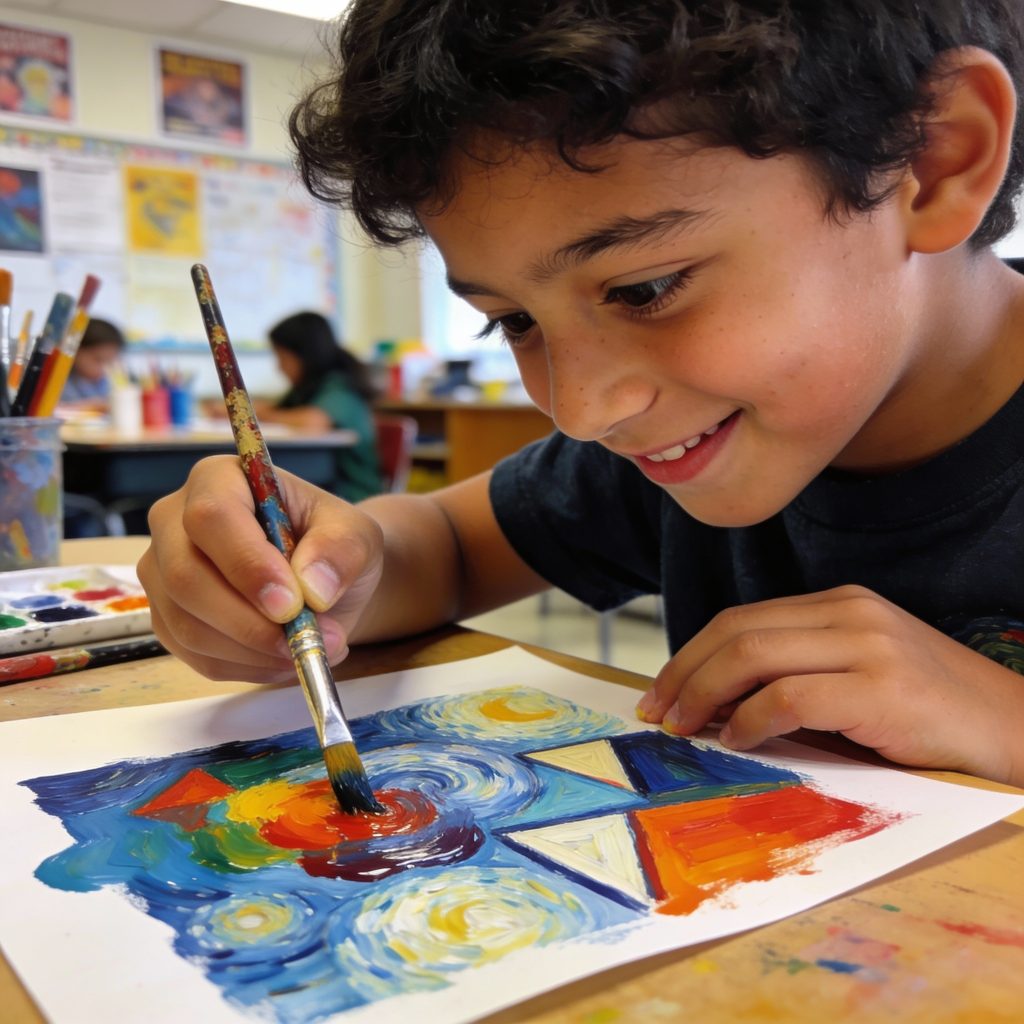 Close-up photo of happily focused elementary student painting textured brush strokes on paper; blurred classroom background with art supplies, natural expression in school activity.(